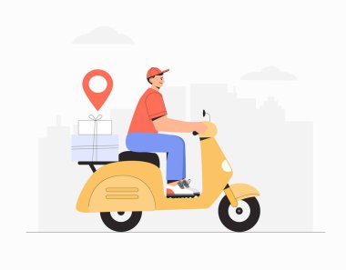 Teslimat servisi, hızlı ve ücretsiz nakliye konsepti, adam sarı scooter kullanıyor ve arka planında bir paket kutusu var. Düz biçim vektör illüstrasyonu.