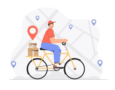 Teslimat servisi, hızlı ve ücretsiz nakliye konsepti, adam harita üzerinde paket kutusu olan sarı bir scooter kullanıyor. Düz biçim vektör illüstrasyonu.