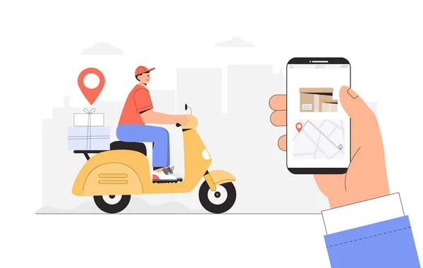 Serviço de entrega, conceito de transporte rápido e gratuito. Homem monta uma scooter amarela com uma caixa de encomendas, mão segurando telefone com localização de correio de rastreamento. Vetor de estilo plano Ilustração . — Vetor de Stock