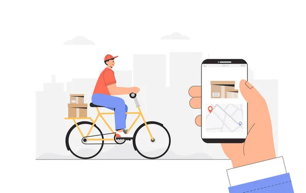 Servicio de entrega, concepto de envío rápido y gratuito. El hombre monta una bicicleta amarilla con una caja de paquetes, un teléfono de mano con ubicación de mensajeros de rastreo. Estilo plano vector Ilustración . — Archivo Imágenes Vectoriales