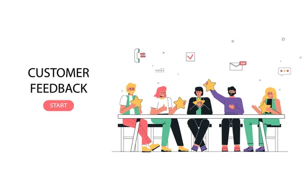 The concept of client feedback. People sit at the table, discuss and evaluate the companys services. Used on loading pages. Men and women hold five stars in their hands and leave a review. — Stock Vector