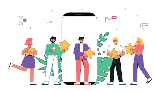모바일 앱 피드백, 손으로 다섯 개의 별을 들고 있는 사람들. 고객은 개념 삽화 삽화를 리뷰한다. 선택 등급, 온라인 복습. 흰색 배경에 분리 된 플랫 벡터 일러스트. — 스톡 벡터