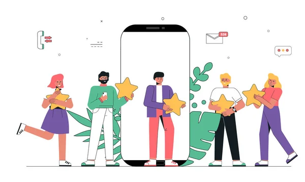 Mobilní app feedback, lidé drží pět hvězdiček v ruce.Customer reviews koncept ilustrace koncept ilustrace. Hodnocení výběru, online recenze. Ploché vektorové ilustrace izolované na bílém pozadí. — Stockový vektor