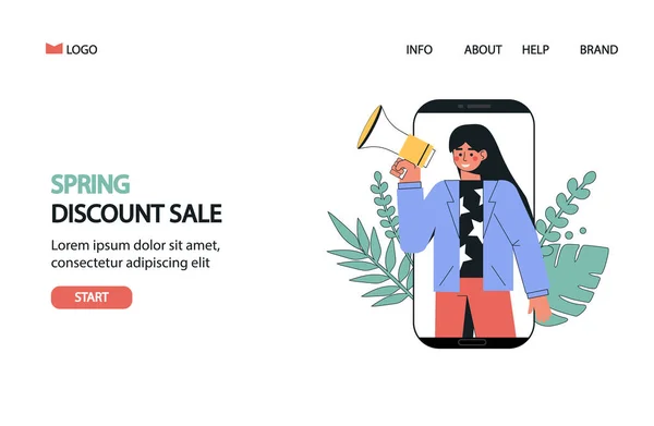 Kortingsbanner, voorjaarsverkoop. De vrouw houdt een luidspreker vast van een grote telefoon. Online winkelen. Platte stijl vector illustratie voor banner, landing page, mobiele app, web design. — Stockvector