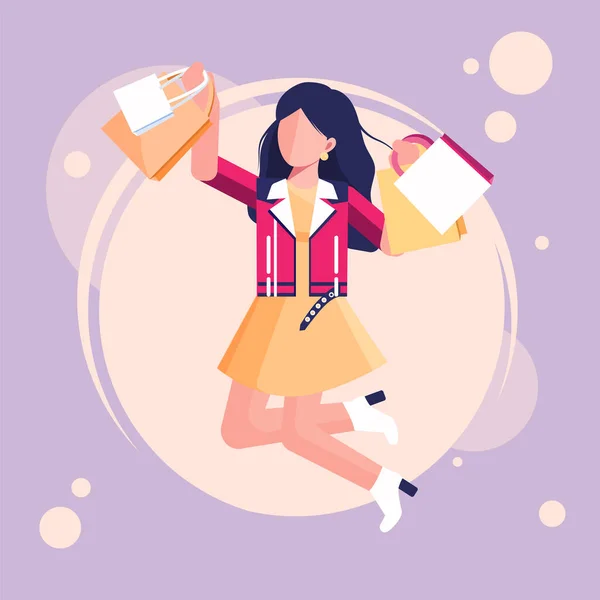 Chica moderna de moda saltando en chaqueta y vestido. Mujer bonita sosteniendo un montón de bolsas con compra, bienes, regalos y disfrutar de las compras. Plano, ilustración vector de dibujos animados . — Vector de stock