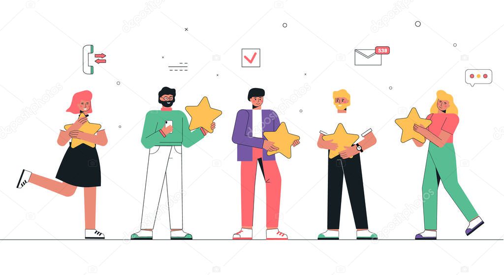 Feedback from users and customers about the companys services. A group of people hold five stars in their hands, leaving user feedback. Customers evaluate the product or service. Flat vector.