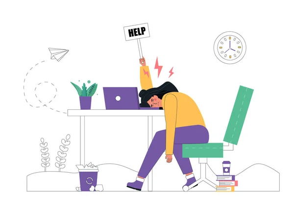 Professionele burn-out concept. Jonge vermoeide mannelijke manager zit aan een tafel in het kantoor. Vector illustratie in platte cartoon stijl. — Stockvector