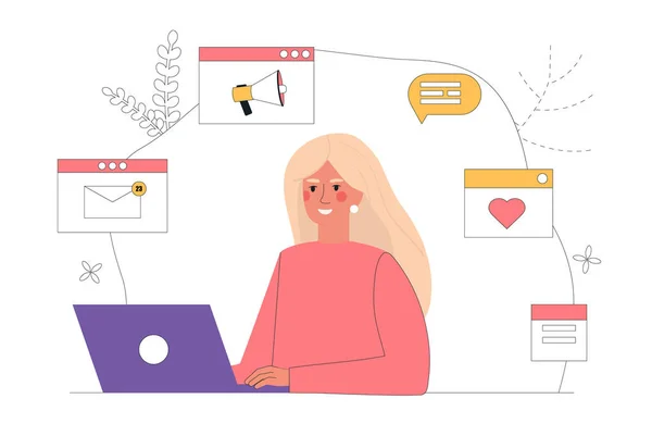 Workflow management business concept illustratie. Content Manager vrouw zit achter de computer, rond de pictogrammen van sociale netwerken. Vector illustratie in platte cartoon stijl. — Stockvector