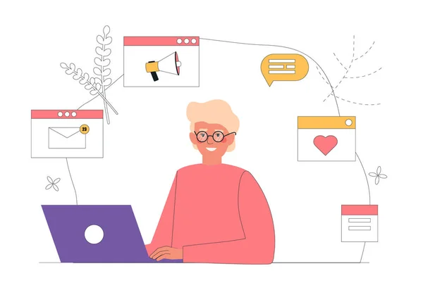 Workflow management affärsidé illustration. Content Manager man sitter vid datorn, runt ikonerna för sociala nätverk. Vektor illustration i platt tecknad stil. — Stock vektor