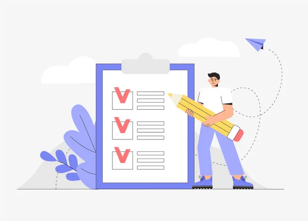 Man karaktär hålla penna och sätta markering på checklista. Begreppsorganisation och uppnådda mål. Platt stil vektor illustration. — Stock vektor