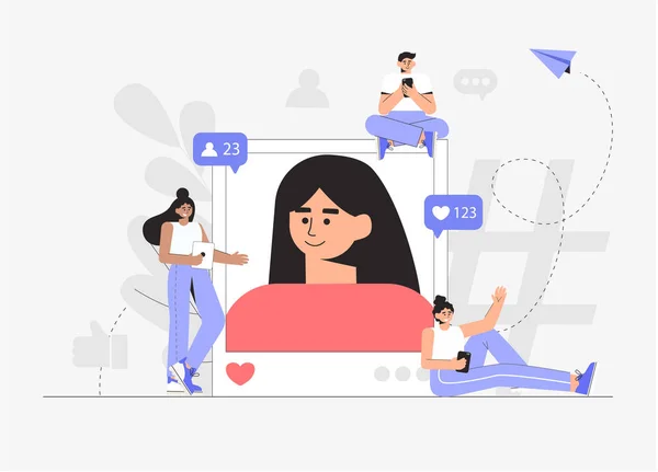 Ilustración de una mujer selfie en un marco de perfil social, seguidores con teléfonos en sus manos están de pie cerca. El concepto de Social Media Marketing y promoción en las redes sociales. — Vector de stock