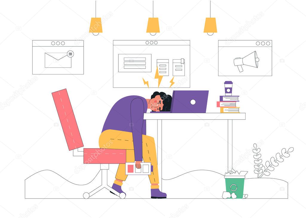Professional burnout concept. Young exhausted male manager sits at table in the office, long work day. Frustrated worker mental health problems. Vector illustration in flat cartoon style.