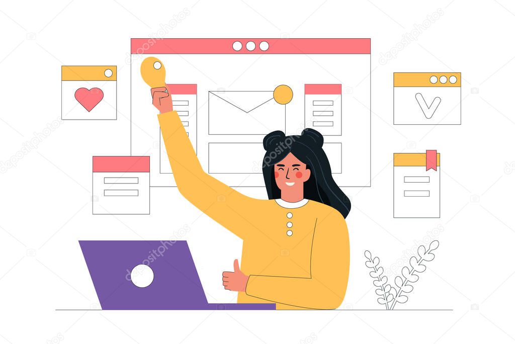 Digital marketing concept, content manager social media. Woman sits at a laptop and holds a light bulb in her hand - idea. Vector illustration in flat cartoon style.