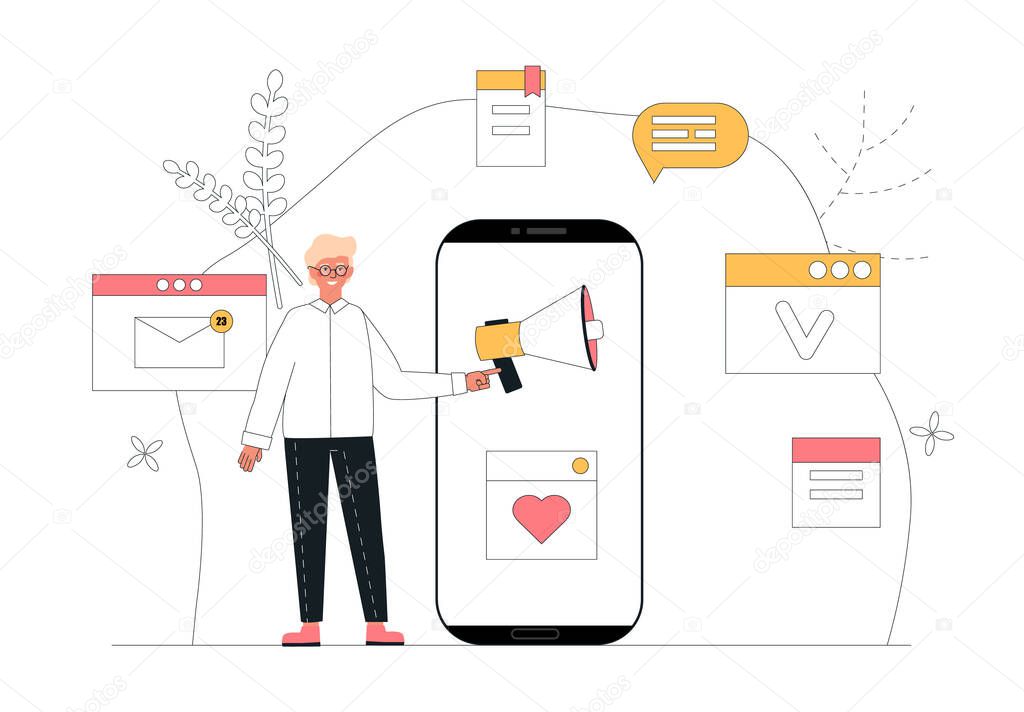 Workflow management business concept vector illustration. Content manager, client, user stands near mobile, around the plant and business icons, banner for advertising, landing page and application.