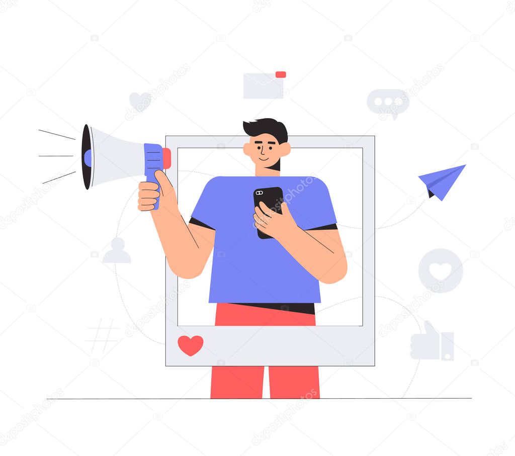Social media influencer. Man holding megaphone and a phone in his hands in the social profile frame. Marketing, SMM banner, social media or network promotion, flyer. Different social network icons.