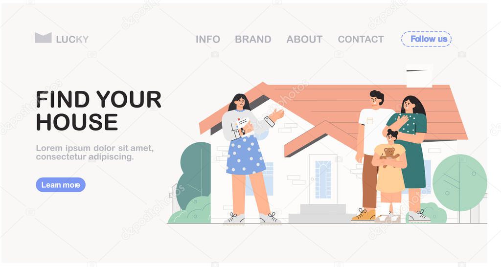 Concept of real estate Agency, sale of a residential building. Realtor shows a young family the house. House for sale. Vector illustration for banner, advertising, landing page.