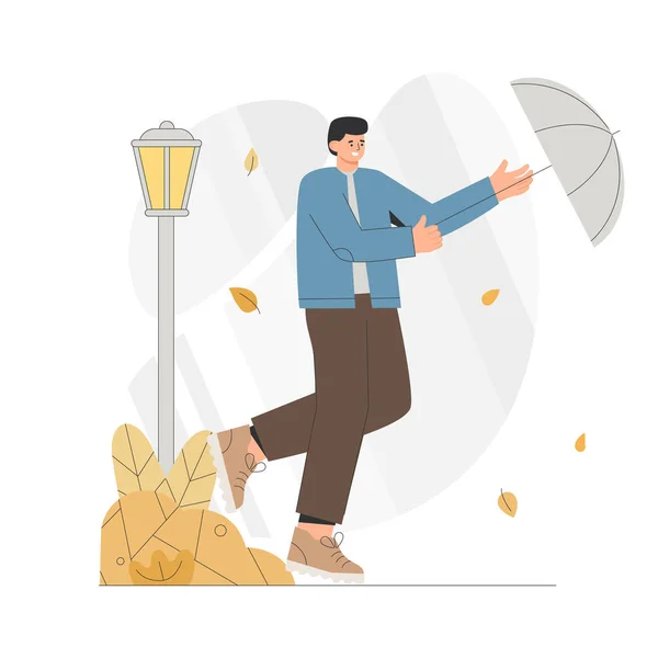 年轻人在多风的秋天带着雨伞跑步.平面样式矢量图解. — 图库矢量图片