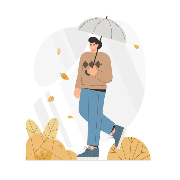 Un joven con un paraguas camina por el parque de otoño. Ilustración de vector de estilo plano. — Vector de stock