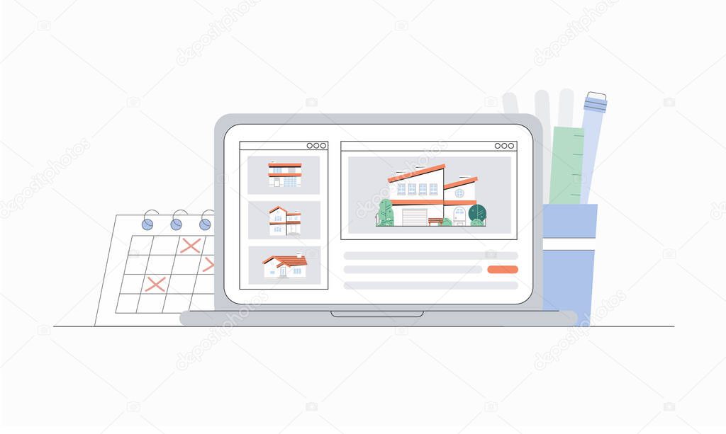 Concept real estate Agency, real estate sales online. Catalog of houses and cottages on the site on the laptop screen. Flat vector illustration.