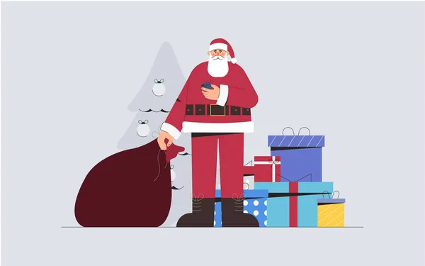Концепція щасливого нового року, свята і щасливого Різдва, Санта-Клаус тримає сумку з подарунками і телефоном, на задньому плані ялинку і подарунки. Flat style vecftor illustration. — стоковий вектор