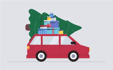 Noel kavramı ve mutlu yıllar. Noel ağacı ve hediye renkli kutuları olan bir araba. Düz biçim vektör illüstrasyonu.