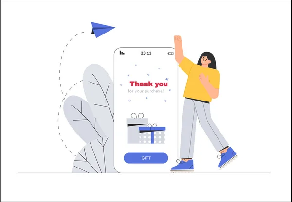 Oncept płatności online za stronę internetową, strona lądowania, reklama. Płatność zakończyła się sukcesem. Szczęśliwa młoda kobieta robi zakupy online i płaci pieniądze przez aplikację w telefonie. Wektor płaski. — Wektor stockowy