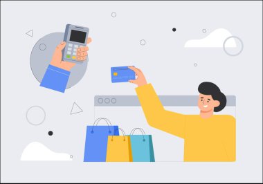 Adam alışverişi yapıyor ve internetten kredi kartıyla ödüyor. Sitede online alışveriş ve ödeme kavramı, bir web sayfası, iniş sayfası, başvuru, site için uygun. Düz biçim vektör illüstrasyonu.