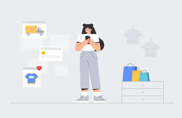 Het concept van het online bestellen van goederen thuis. Jonge vrouw houdt een telefoon en wacht op de levering van gekochte goederen online. vlakke ontwerpvector. — Stockvector