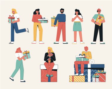 Gruptakiler hediye kutusu tutuyor ve tatille kutluyorlar. Web sitesi ve mobil site geliştirme için vektör düz stil şablonu, web sayfası ve iniş sayfası tasarımı.