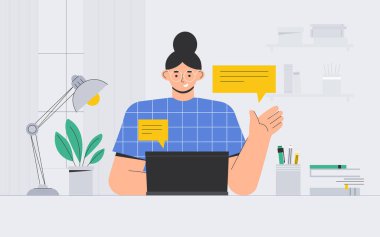 Gözlüklü genç bir kadın dizüstü bilgisayarda oturuyor ve sosyal ağlarda iletişim kuruyor. Freelancer bir masada oturur ve rahat bir odada dizüstü bilgisayar kullanır. Modern tarzda düz çizim, çizgi sanatı.