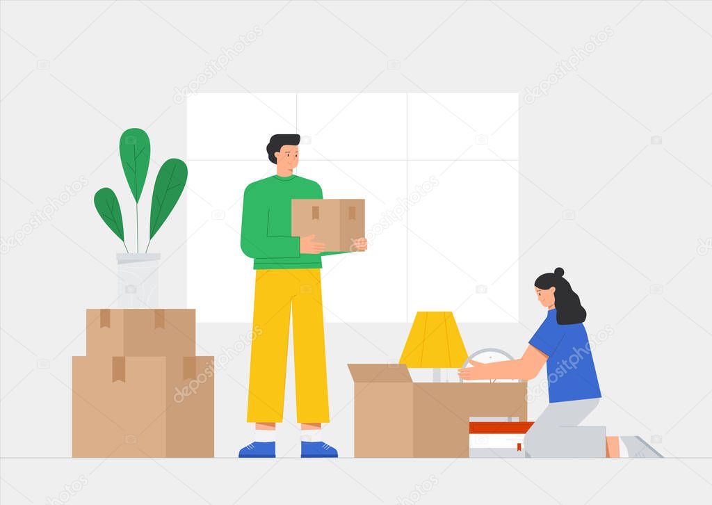 Young male and woman, family character holds a cardboard box in home interior. Concept moving to new house, relocation. Flat vector illustration in a modern style.