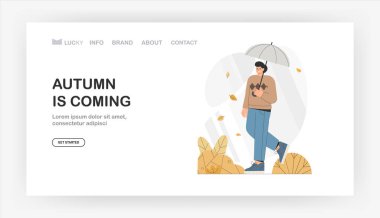 İniş sayfası için sonbahar geliyor, afiş. Şemsiyeli genç erkek karakter sonbahar parkında yürüyor. Düz biçim vektör illüstrasyonu.