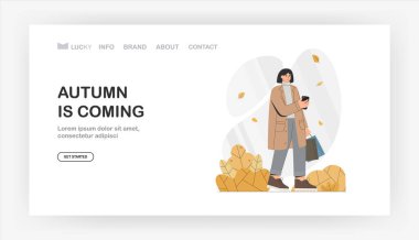 İniş sayfası için sonbahar geliyor, afiş. Palto giyen kadın karakter sonbaharda telefon ve çanta tutuyor. Sağlıklı yaşam tarzı ve boş zaman aktivitesi. Düz biçim vektör illüstrasyonu.
