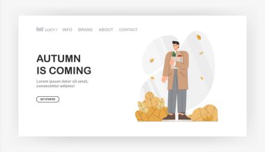 İniş sayfası için sonbahar geliyor, afiş. Paltodaki erkek karakter, sonbaharda içinde yiyecek olan bir kesekağıdı tutuyor. Düz biçim vektör illüstrasyonu.
