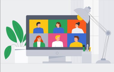 Vektör trend illüstrasyon çevrimiçi video konferans görüşmesi yapan bir grup insan. İnsanlar görüntülü konuşma ve mesajlaşma, danışma, seminer, online eğitim kavramı.