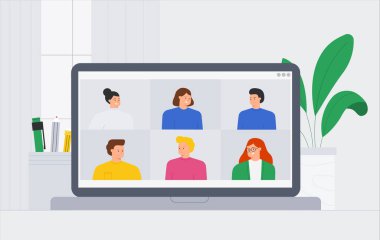 Vektör trend illüstrasyon çevrimiçi video konferans görüşmesi yapan bir grup insan. İnsanlar görüntülü konuşma ve mesajlaşma, danışma, seminer, online eğitim kavramı.