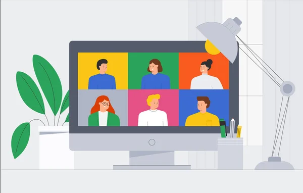 Vector trendy illustration a group of people friends meeting online video conference call. People video calling and messaging talking, consultation, seminar, online training concept. — Stock Vector