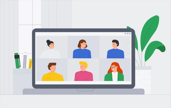 Vector ilustração na moda um grupo de pessoas amigos reunião videoconferência on-line. Pessoas chamada de vídeo e mensagens falando, consulta, seminário, conceito de treinamento on-line. —  Vetores de Stock