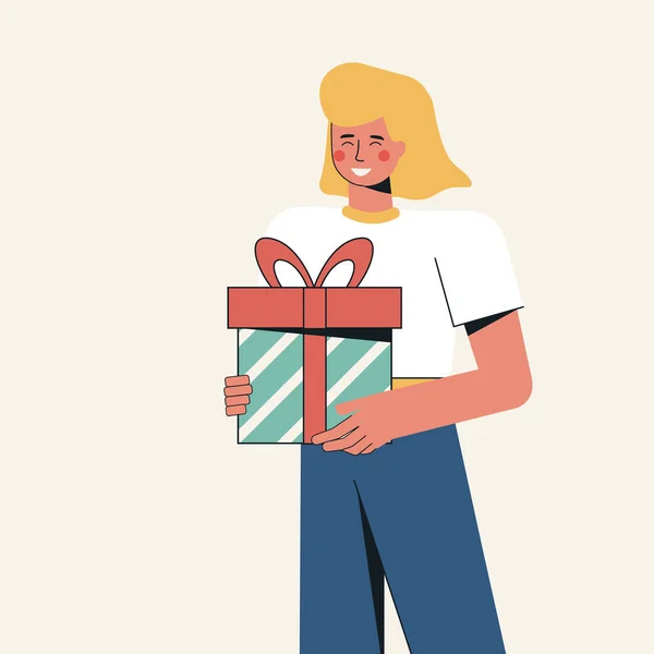 Vektorová ilustrace šťastné dívky držící dar v rukou. Dostane dárek nebo dárkovou krabici. Dovolená koncept narozeniny, Vánoce, Valentýna nebo speciální nabídka, propagace, vítězství. — Stockový vektor