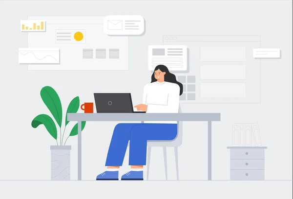 Kvindelig karakter arbejder på sin bærbare computer. Workflow i en moderne kontorgrafik, ikoner på baggrunden. Flad stil vektor illustration. – Stock-vektor