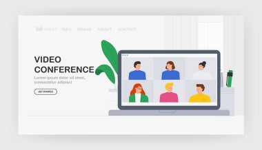 İnternetteki video konferans görüşmesini laptop ekranında yapan bir grup insanın son moda illüstrasyon grubu. İnsanlar görüntülü konuşma ve mesajlaşma, danışma, seminer, online eğitim kavramı.