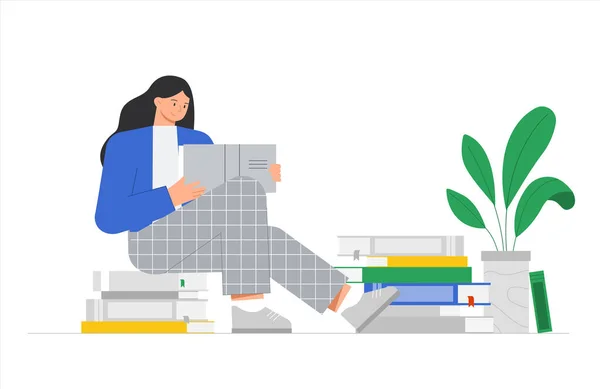 Jonge vrouw zit op een stapel boeken en leest een boek, naast een bloem. Concepten van onderwijs en kennis, boekdag. Trendy vlakke vector illustratie. — Stockvector