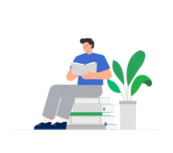 젊은 남자가 책 더미에 앉아 화분 속의 푸른 꽃 근처에서 책을 읽고 있다. 교육과 지식의 개념, 책의 날. 하얀 배경 위에 유행하는 평평 한 벡터 삽화. — 스톡 벡터