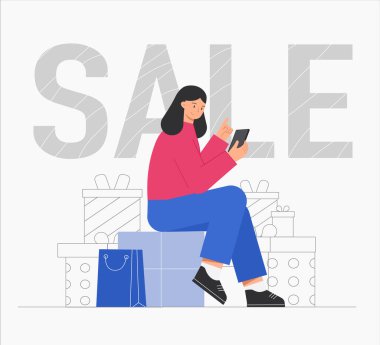 Hediye kutusunda paketleri olan, internetten alışveriş yapan, alışveriş torbası olan bir kadın. Büyük indirim, hediyeler ve alımlar, satışlar ve online alışveriş, mağazada mevsimlik satış, Kara Cuma. Düz vektör.