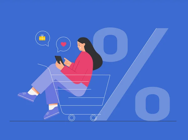 Vrouw in winkelwagentje en online winkelen, rond pictogrammen met aankopen. Grote korting, geschenken en aankopen, verkoop, seizoensgebonden verkoop in de winkel, zwarte vrijdag. Vlakke moderne vector illustratie. — Stockvector