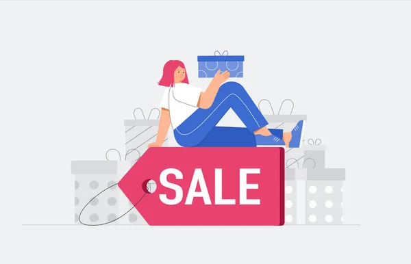 Female character hold gift box and sits on a discount tag. Big discount, gifts and purchases, sales and online shopping, seasonal sale at store, black friday. Flat style vector illustration. — Stock Vector