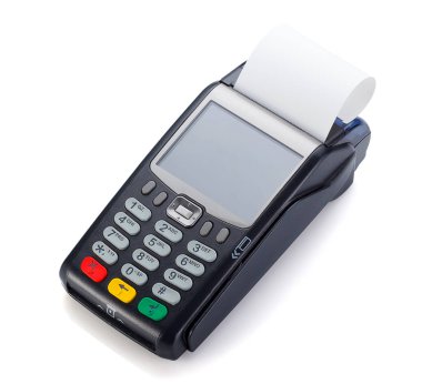 Kredi kartı okuyucu beyaz arkaplanda izole edildi.