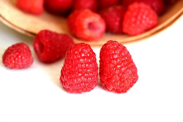 Cosecha Frambuesas Frescas Junio Dulce Frambuesa Roja Granja Frambuesas Cesta — Foto de Stock