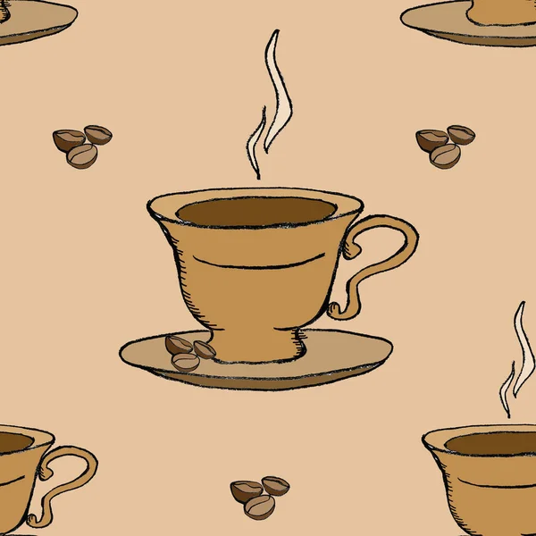 Kaffeebecher Mit Körnern Auf Beigem Hintergrund Nahtloses Muster Für Wände — Stockfoto
