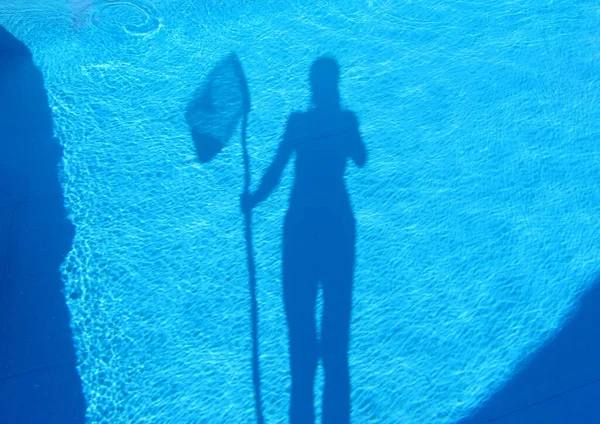 Silhouette Girl Butterfly Net Cleaning Dirty Empty Pool Algae Water — Stock Photo, Image
